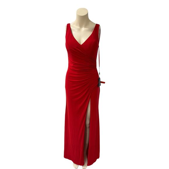 Mac Duggal 26513 Sleeveless Red Jersey Ruched V Neck Gown 4 - Picture 4 of 8